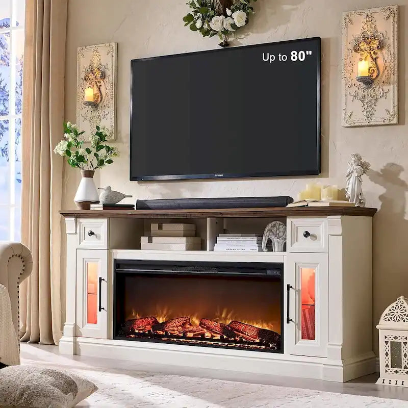 Farmhouse Fireplace TV Stand for 80 Inch TV, Entertainment Center