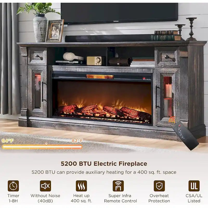 Farmhouse Fireplace TV Stand for 80 Inch TV, Entertainment Center