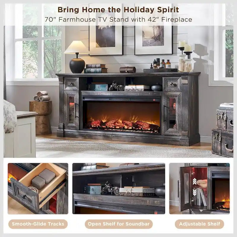 Farmhouse Fireplace TV Stand for 80 Inch TV, Entertainment Center