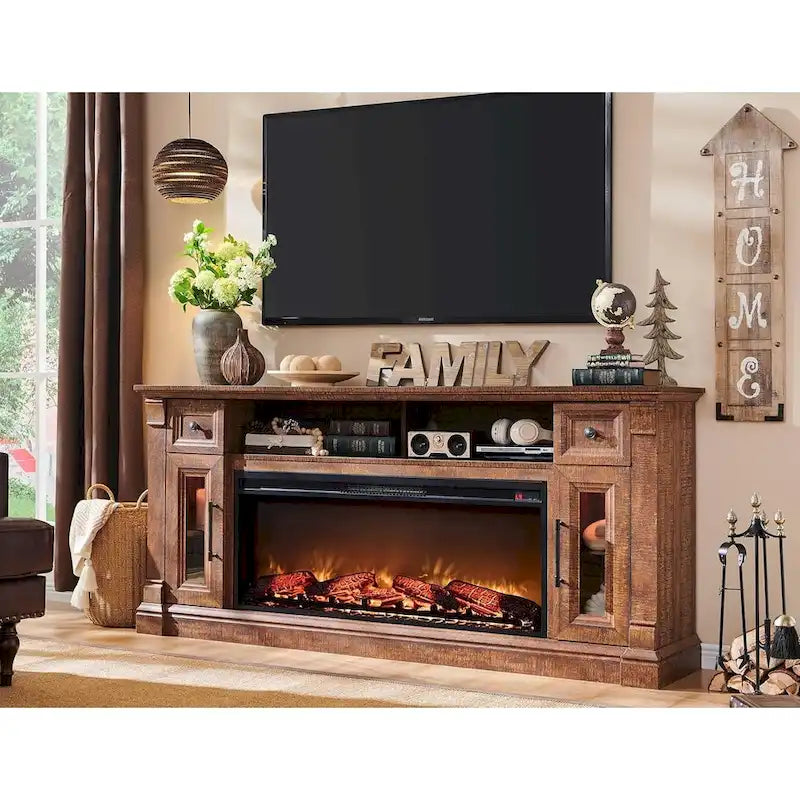 Farmhouse Fireplace TV Stand for 80 Inch TV, Entertainment Center