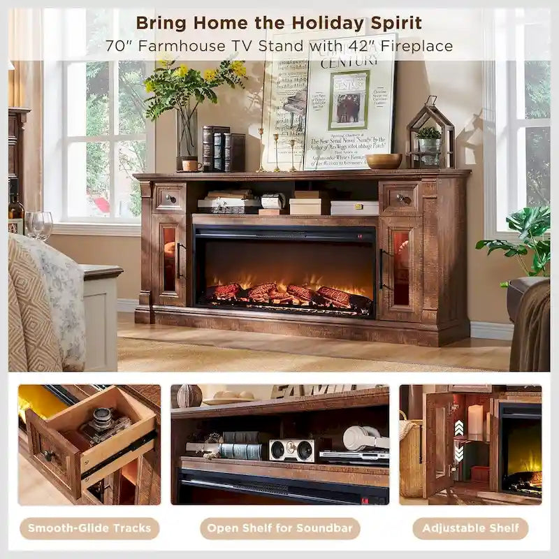 Farmhouse Fireplace TV Stand for 80 Inch TV, Entertainment Center
