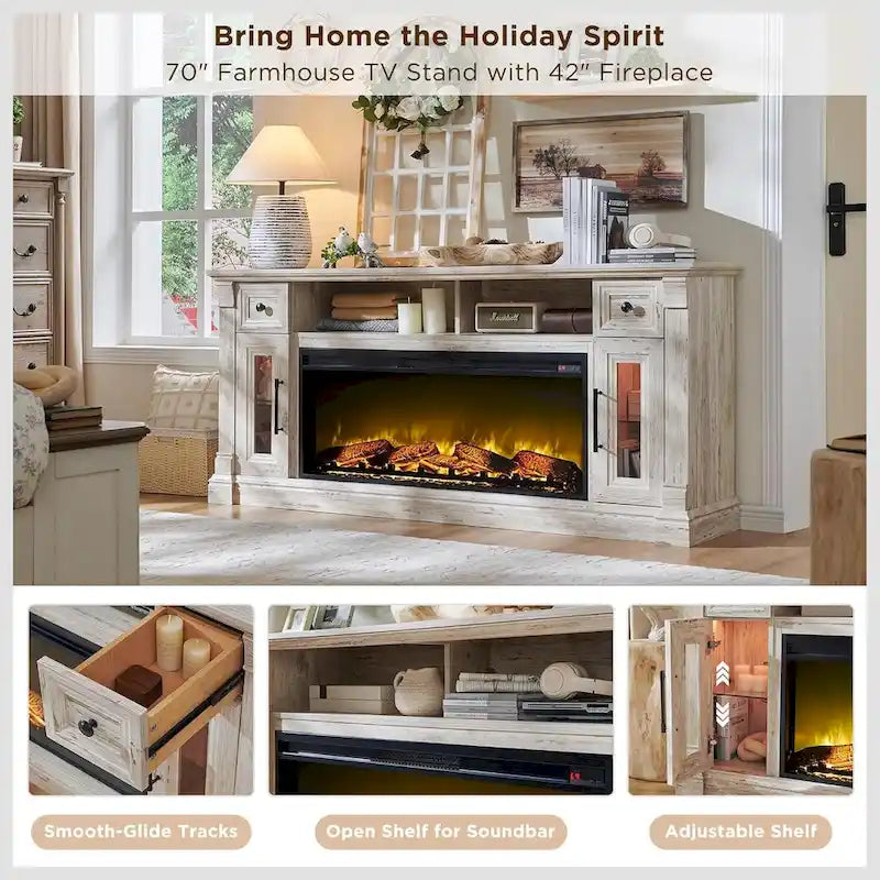 Farmhouse Fireplace TV Stand for 80 Inch TV, Entertainment Center