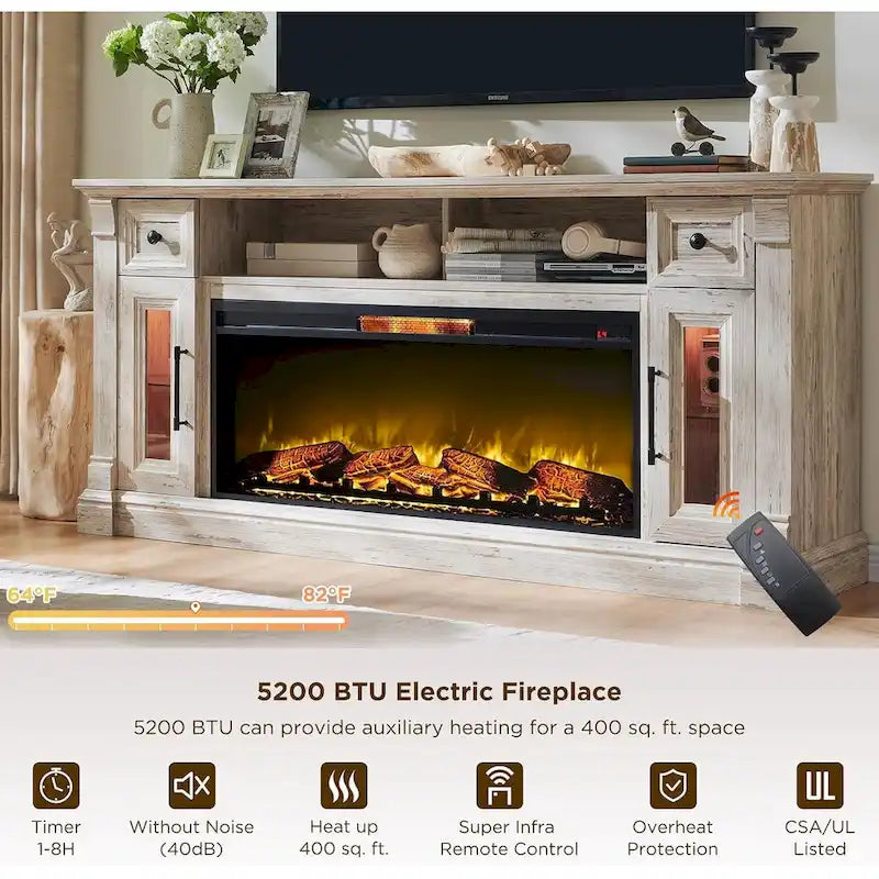 Farmhouse Fireplace TV Stand for 80 Inch TV, Entertainment Center