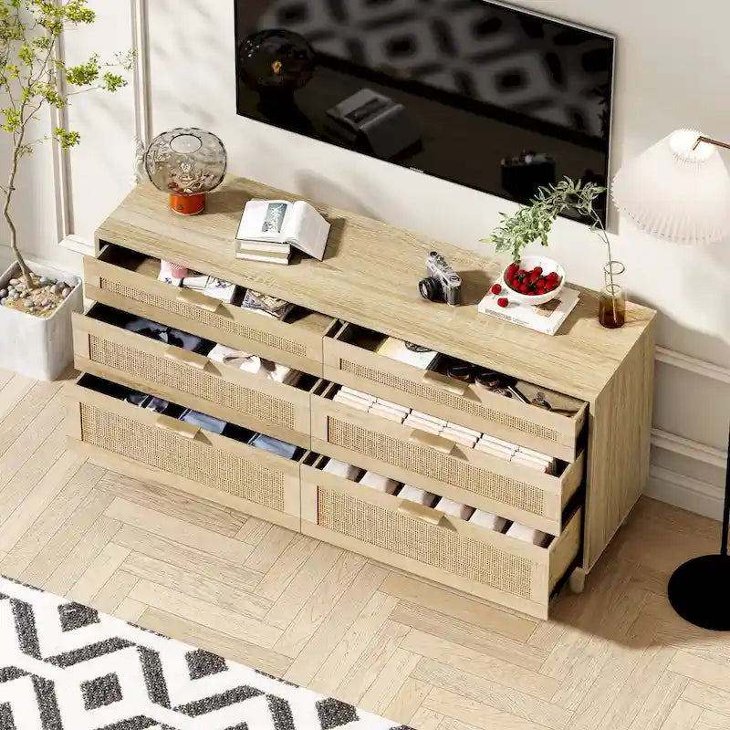 Rattan 6-Drawer Double Dresser with Metal Handle, Clothes Storage Cabinet for Bedroom