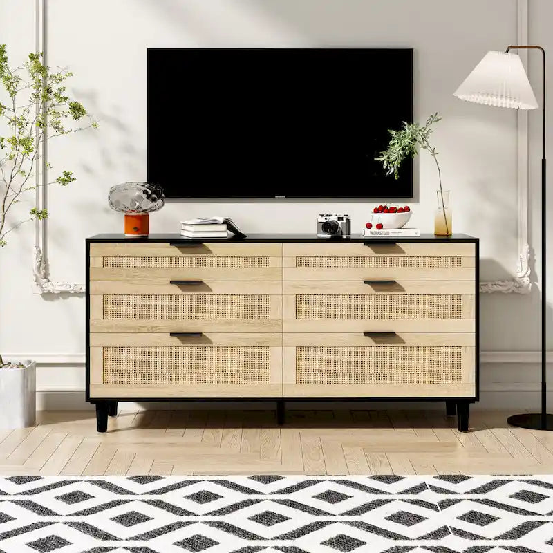 Rattan 6-Drawer Double Dresser with Metal Handle, Clothes Storage Cabinet for Bedroom