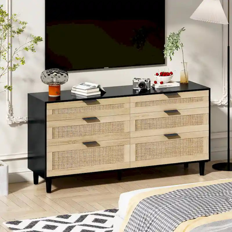 Rattan 6-Drawer Double Dresser with Metal Handle, Clothes Storage Cabinet for Bedroom