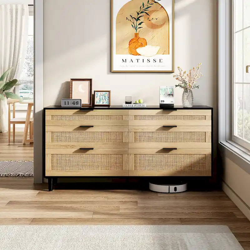 Rattan 6-Drawer Double Dresser with Metal Handle, Clothes Storage Cabinet for Bedroom