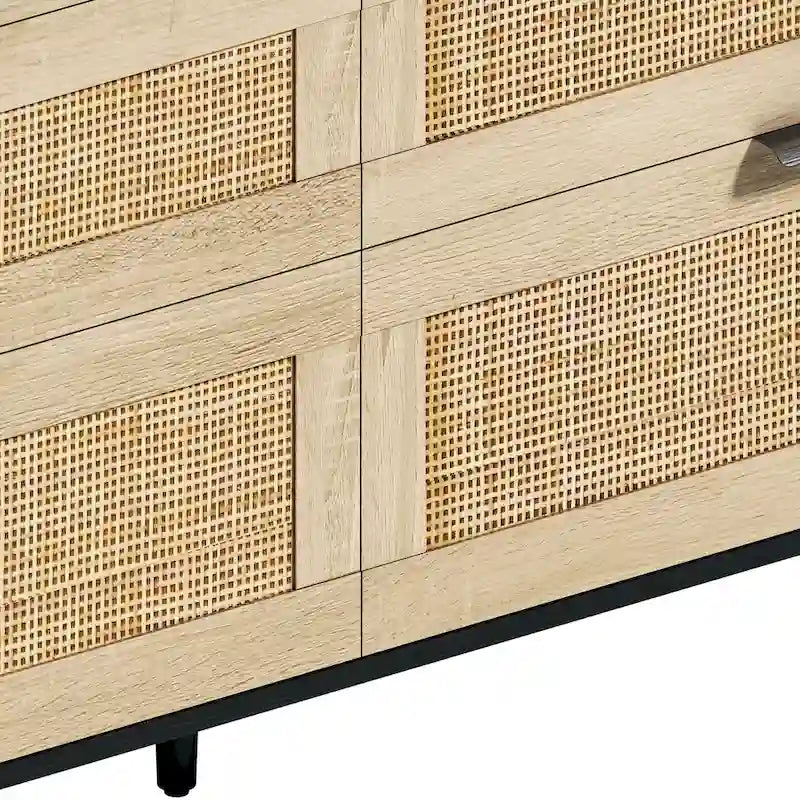 Rattan 6-Drawer Double Dresser with Metal Handle, Clothes Storage Cabinet for Bedroom