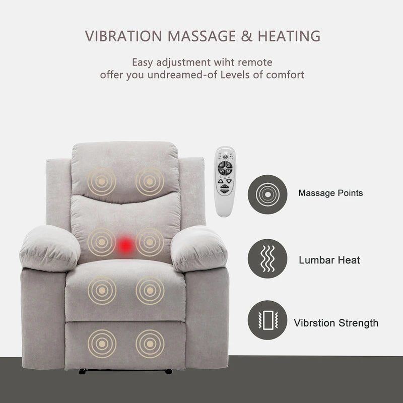 Velvet Adjustable Massage Function Power Recliner Chair with Heating System