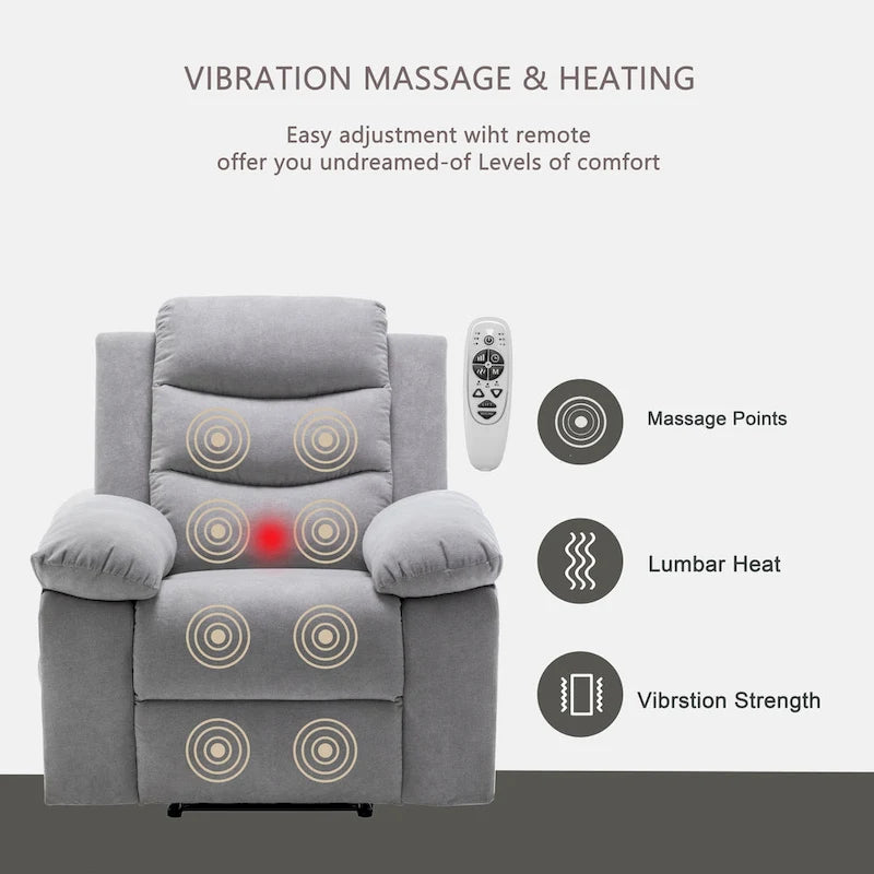 Velvet Adjustable Massage Function Power Recliner Chair with Heating System