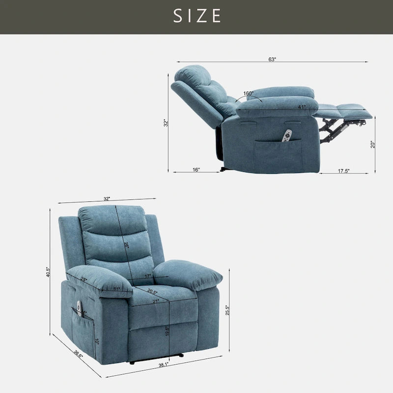 Velvet Adjustable Massage Function Power Recliner Chair with Heating System