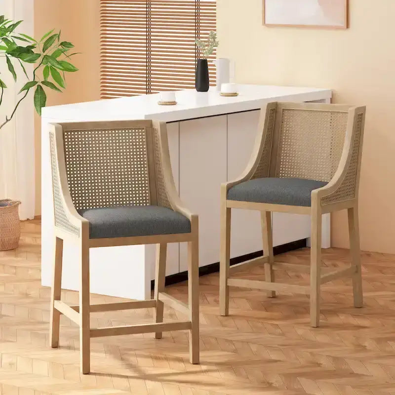 Fabric Upholstered Wood and Cane 25.5-Inch Counter Stools (Set of 2)