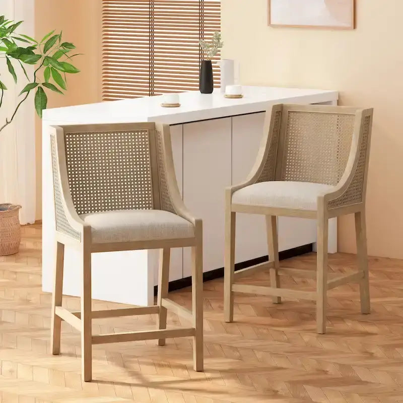 Fabric Upholstered Wood and Cane 25.5-Inch Counter Stools (Set of 2)