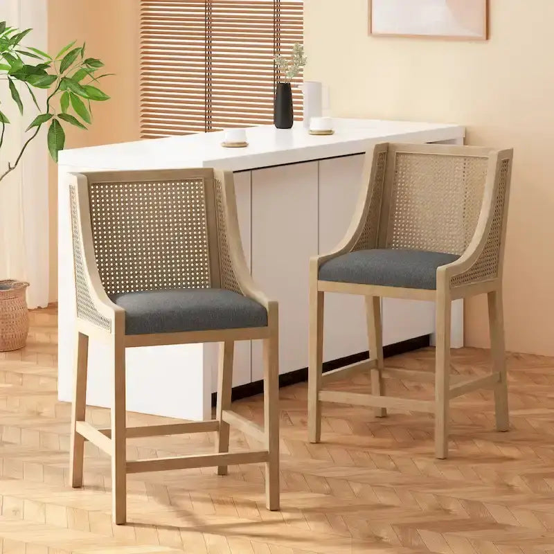 Fabric Upholstered Wood and Cane 25.5-Inch Counter Stools (Set of 2)