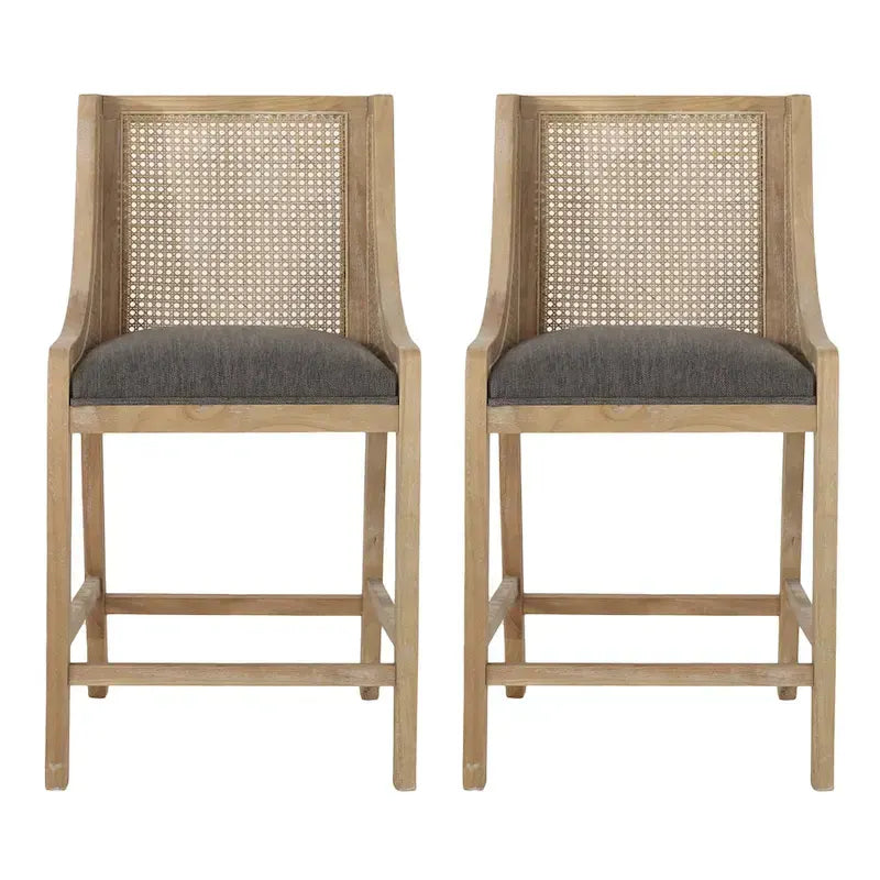 Fabric Upholstered Wood and Cane 25.5-Inch Counter Stools (Set of 2)