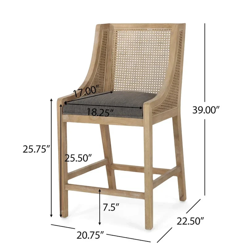 Fabric Upholstered Wood and Cane 25.5-Inch Counter Stools (Set of 2)