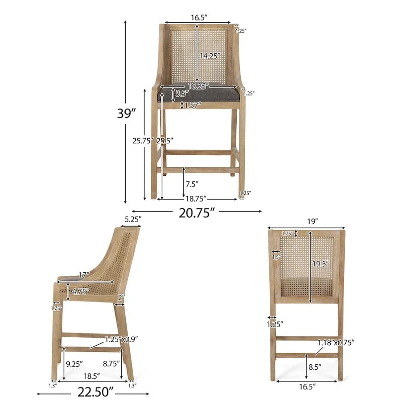 Fabric Upholstered Wood and Cane 25.5-Inch Counter Stools (Set of 2)
