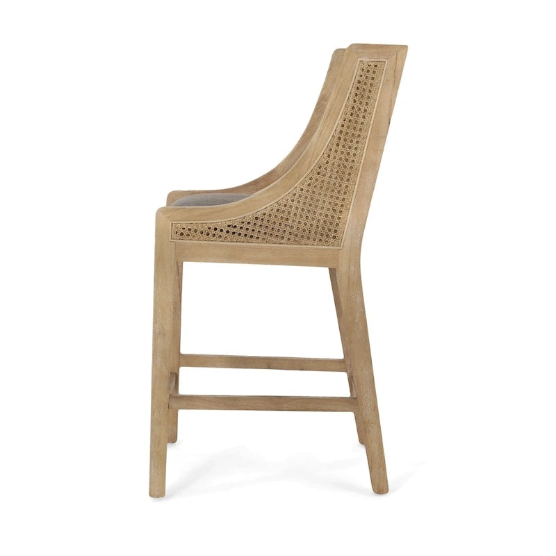 Fabric Upholstered Wood and Cane 25.5-Inch Counter Stools (Set of 2)