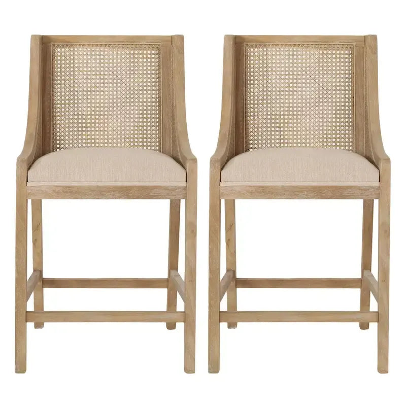 Fabric Upholstered Wood and Cane 25.5-Inch Counter Stools (Set of 2)