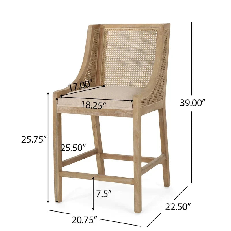 Fabric Upholstered Wood and Cane 25.5-Inch Counter Stools (Set of 2)