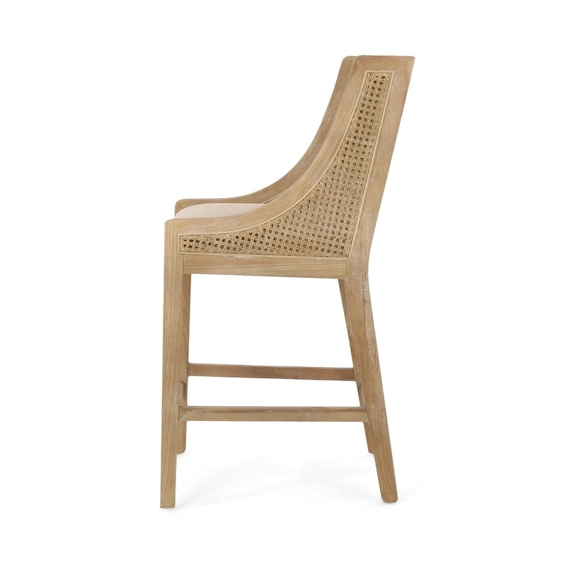 Fabric Upholstered Wood and Cane 25.5-Inch Counter Stools (Set of 2)