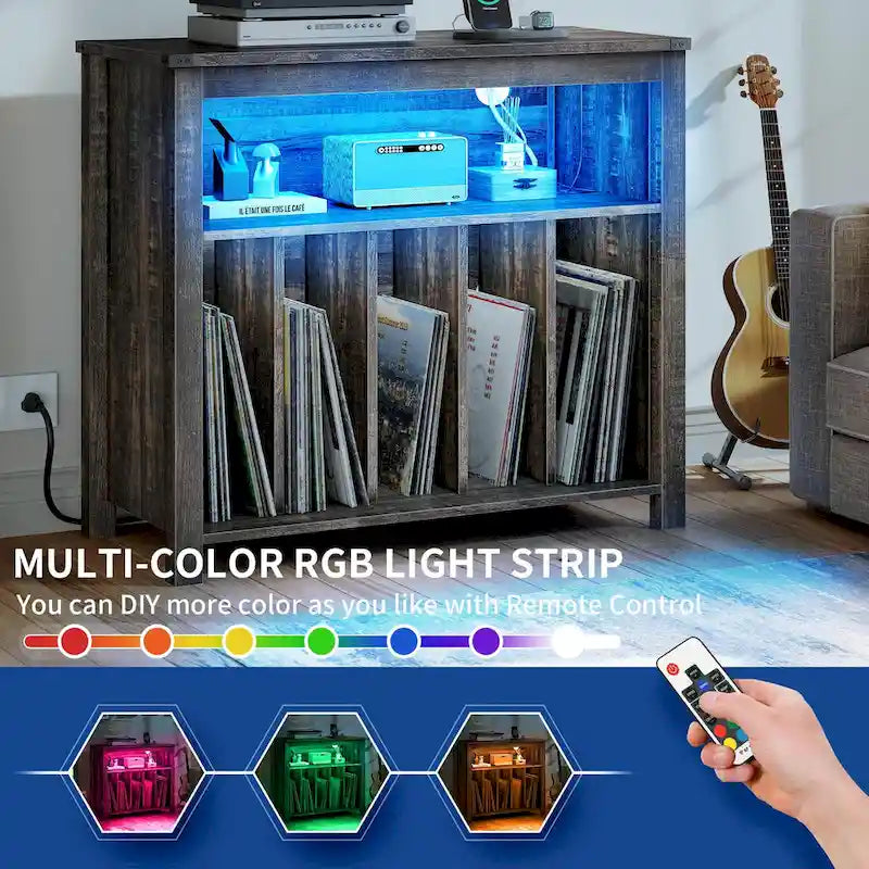 Large Record Player Stand with Power Outlets and LED Lights Turntable Stand