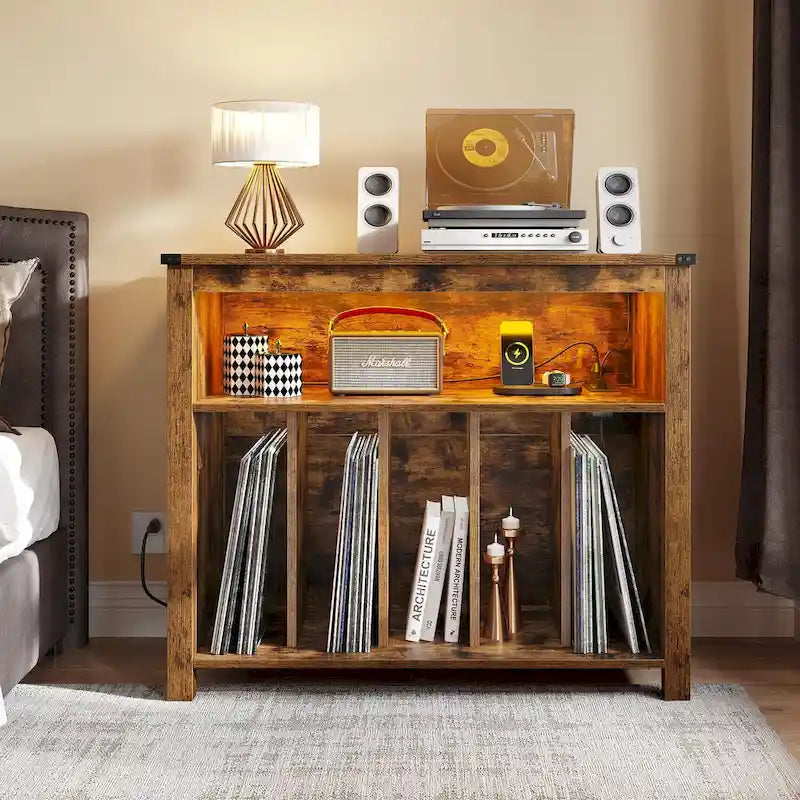 Large Record Player Stand with Power Outlets and LED Lights Turntable Stand