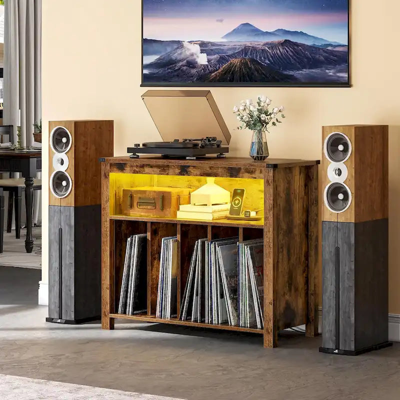 Large Record Player Stand with Power Outlets and LED Lights Turntable Stand