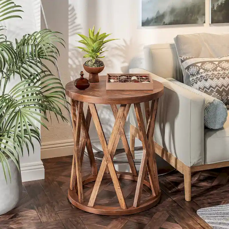 Farmhouse End Table, Rustic Round Coffee Table with X-Motifs Legs, Wood Textured Top for Boho, French Country Decor
