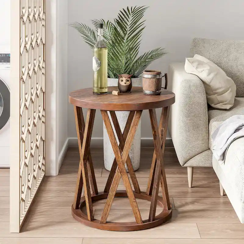Farmhouse End Table, Rustic Round Coffee Table with X-Motifs Legs, Wood Textured Top for Boho, French Country Decor