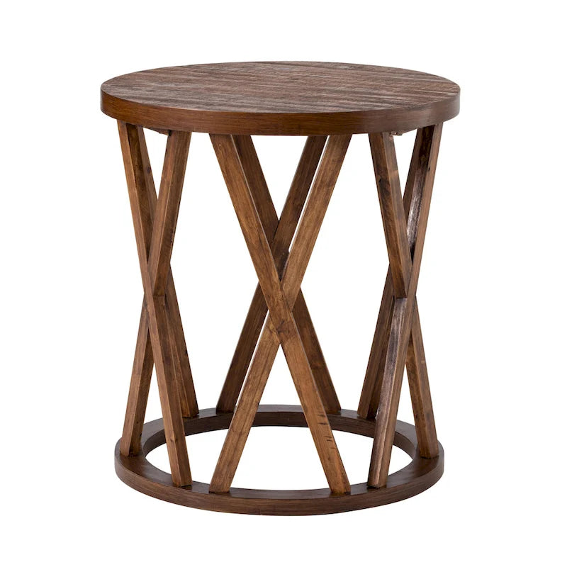 Farmhouse End Table, Rustic Round Coffee Table with X-Motifs Legs, Wood Textured Top for Boho, French Country Decor