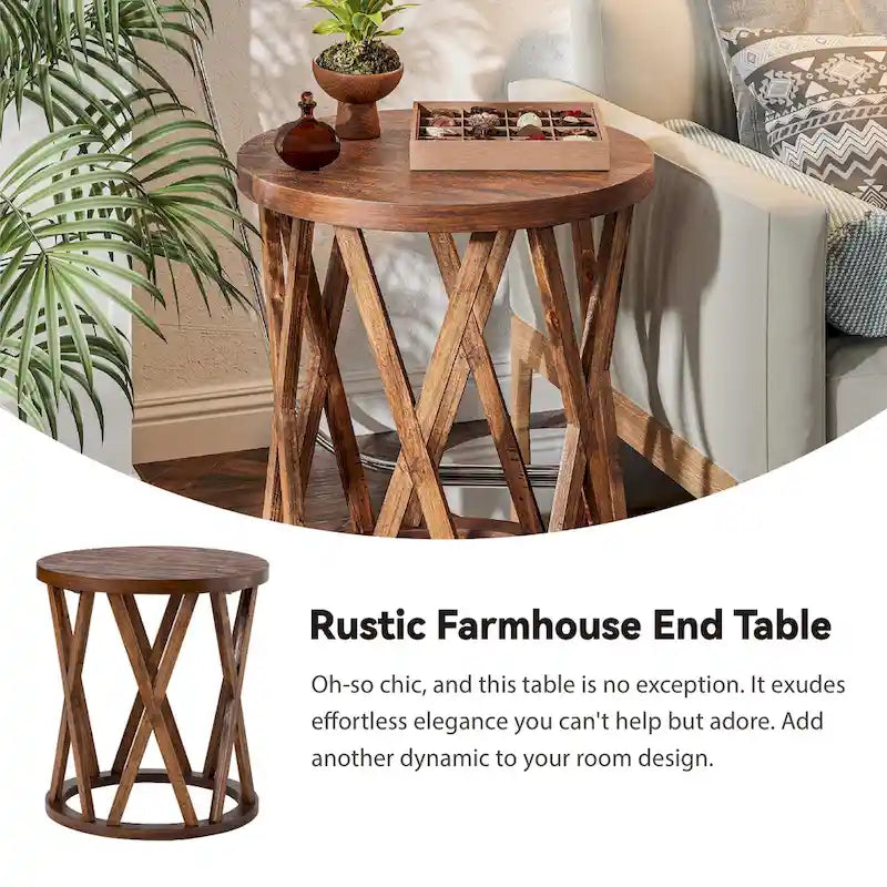 Farmhouse End Table, Rustic Round Coffee Table with X-Motifs Legs, Wood Textured Top for Boho, French Country Decor
