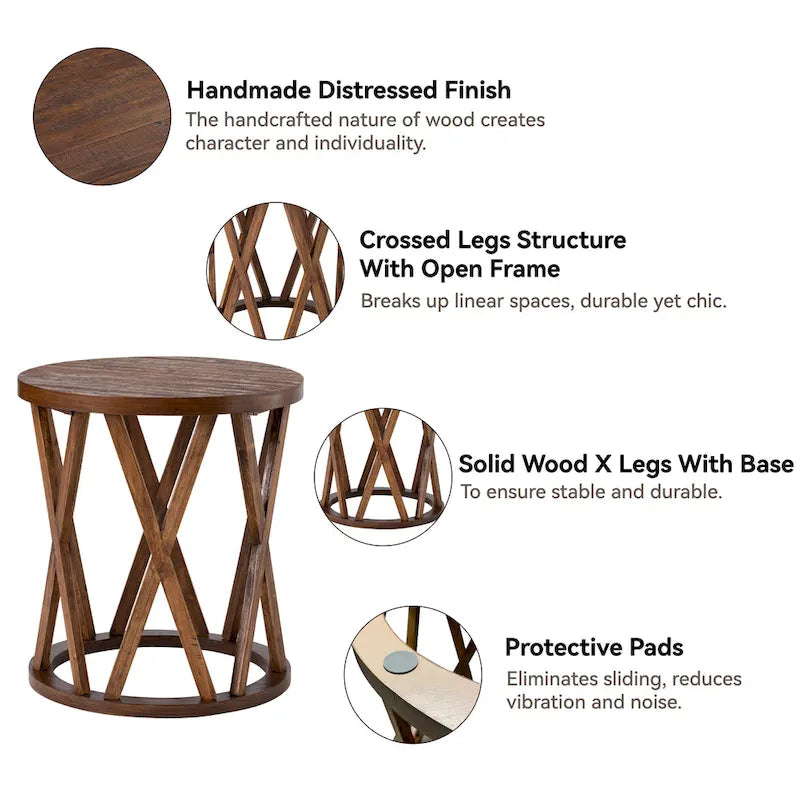 Farmhouse End Table, Rustic Round Coffee Table with X-Motifs Legs, Wood Textured Top for Boho, French Country Decor