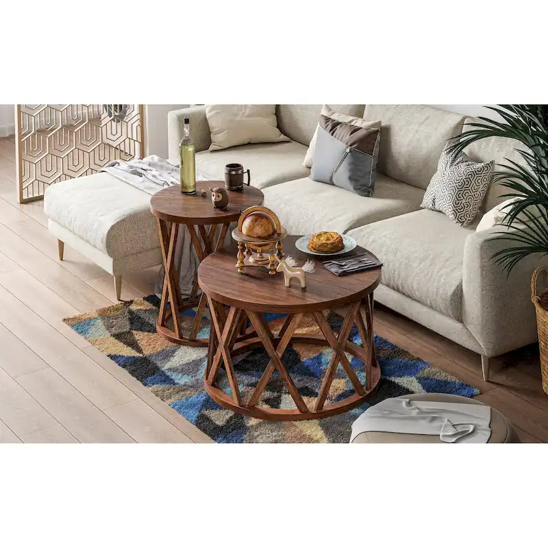Farmhouse End Table, Rustic Round Coffee Table with X-Motifs Legs, Wood Textured Top for Boho, French Country Decor