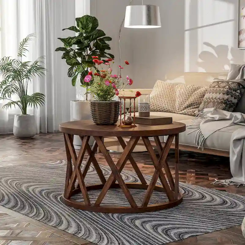 Farmhouse End Table, Rustic Round Coffee Table with X-Motifs Legs, Wood Textured Top for Boho, French Country Decor
