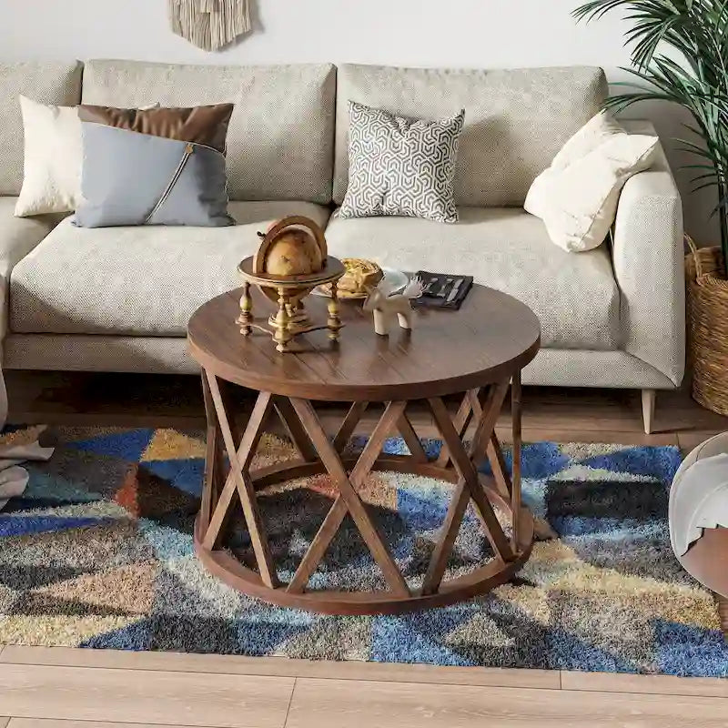Farmhouse End Table, Rustic Round Coffee Table with X-Motifs Legs, Wood Textured Top for Boho, French Country Decor