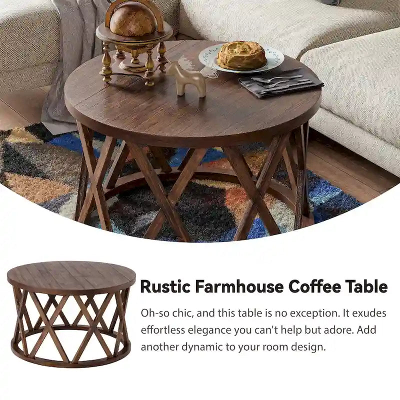 Farmhouse End Table, Rustic Round Coffee Table with X-Motifs Legs, Wood Textured Top for Boho, French Country Decor