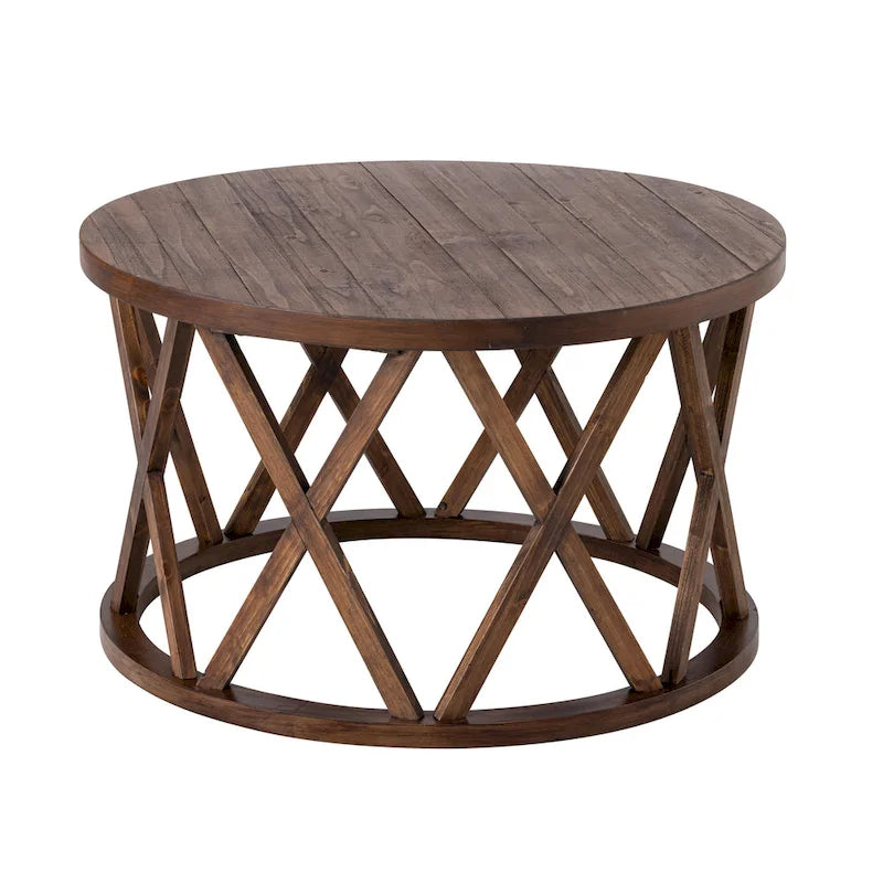 Farmhouse End Table, Rustic Round Coffee Table with X-Motifs Legs, Wood Textured Top for Boho, French Country Decor