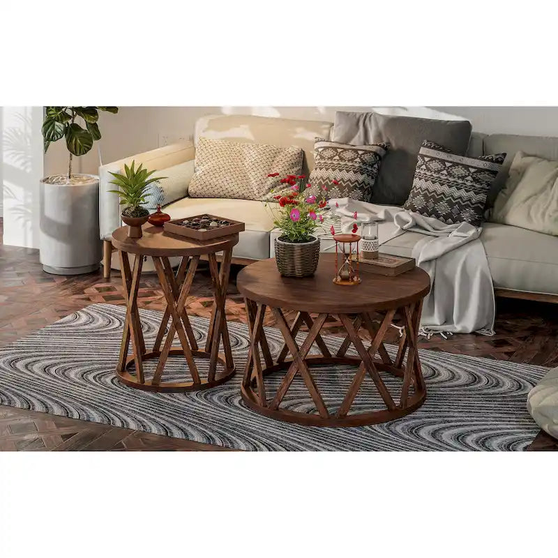 Farmhouse End Table, Rustic Round Coffee Table with X-Motifs Legs, Wood Textured Top for Boho, French Country Decor