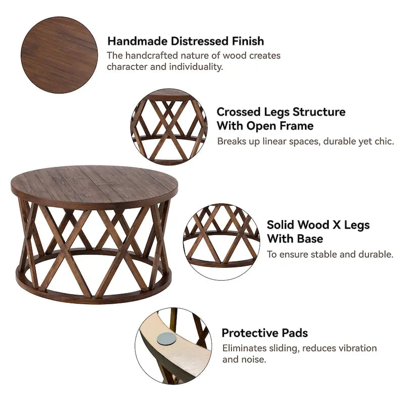 Farmhouse End Table, Rustic Round Coffee Table with X-Motifs Legs, Wood Textured Top for Boho, French Country Decor