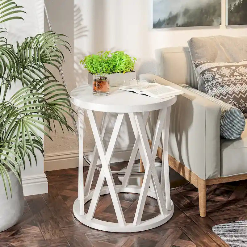 Farmhouse End Table, Rustic Round Coffee Table with X-Motifs Legs, Wood Textured Top for Boho, French Country Decor