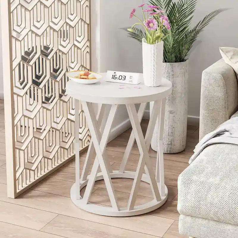 Farmhouse End Table, Rustic Round Coffee Table with X-Motifs Legs, Wood Textured Top for Boho, French Country Decor