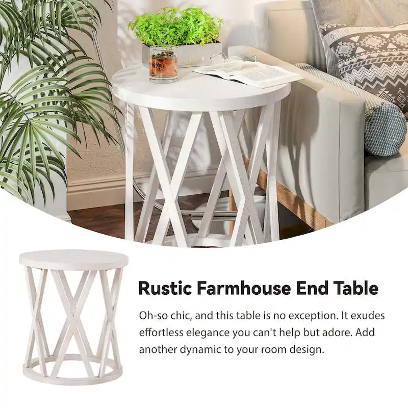Farmhouse End Table, Rustic Round Coffee Table with X-Motifs Legs, Wood Textured Top for Boho, French Country Decor