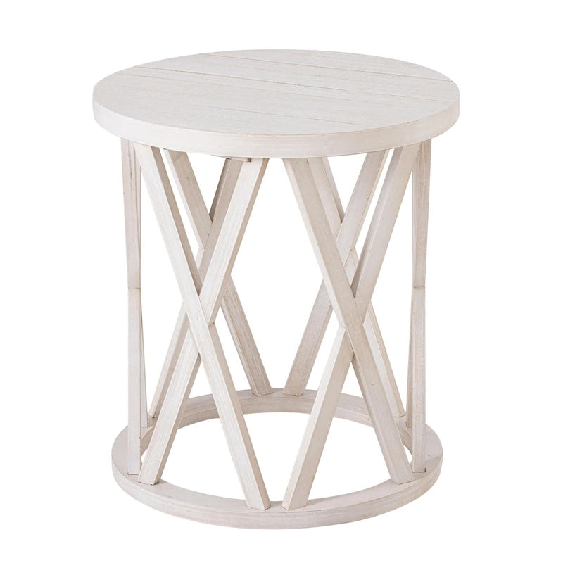 Farmhouse End Table, Rustic Round Coffee Table with X-Motifs Legs, Wood Textured Top for Boho, French Country Decor