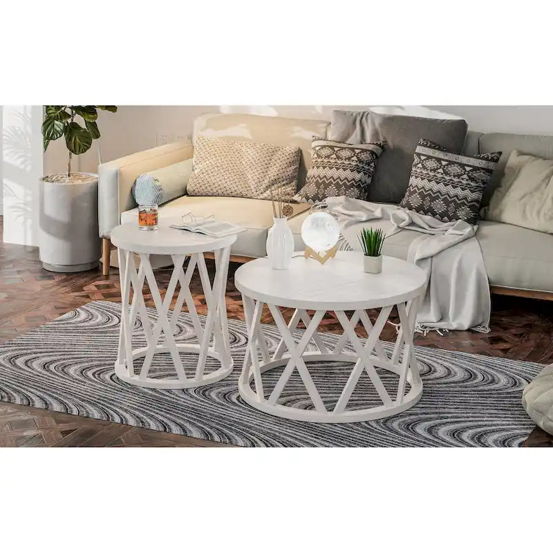 Farmhouse End Table, Rustic Round Coffee Table with X-Motifs Legs, Wood Textured Top for Boho, French Country Decor