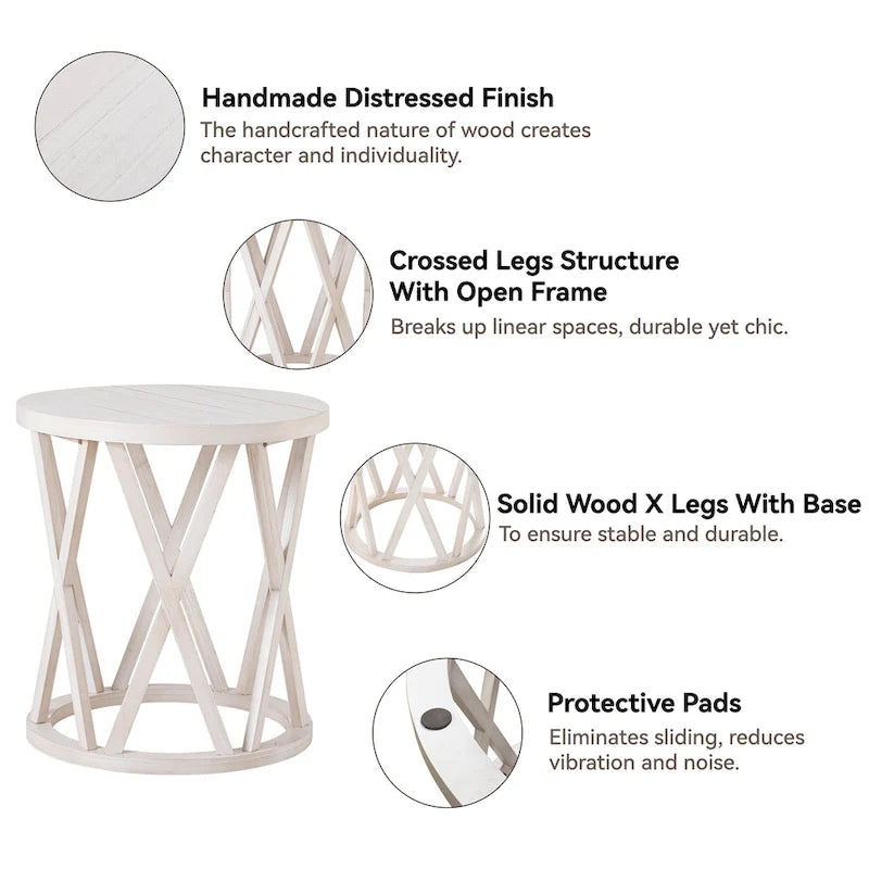 Farmhouse End Table, Rustic Round Coffee Table with X-Motifs Legs, Wood Textured Top for Boho, French Country Decor