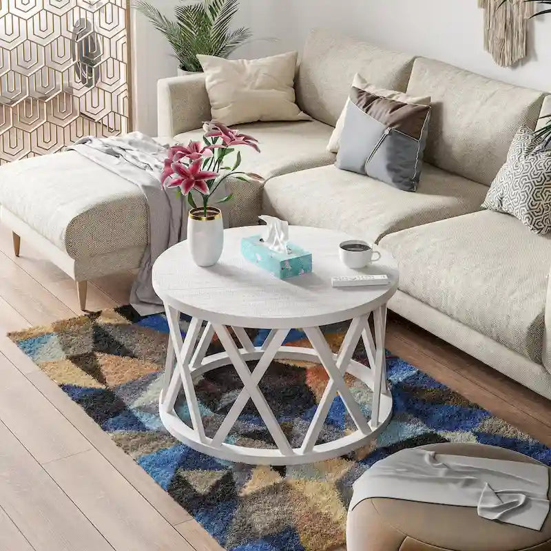 Farmhouse End Table, Rustic Round Coffee Table with X-Motifs Legs, Wood Textured Top for Boho, French Country Decor