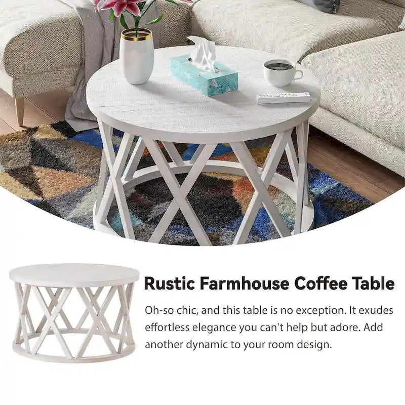 Farmhouse End Table, Rustic Round Coffee Table with X-Motifs Legs, Wood Textured Top for Boho, French Country Decor