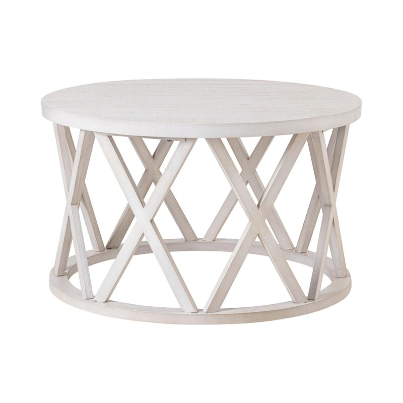 Farmhouse End Table, Rustic Round Coffee Table with X-Motifs Legs, Wood Textured Top for Boho, French Country Decor