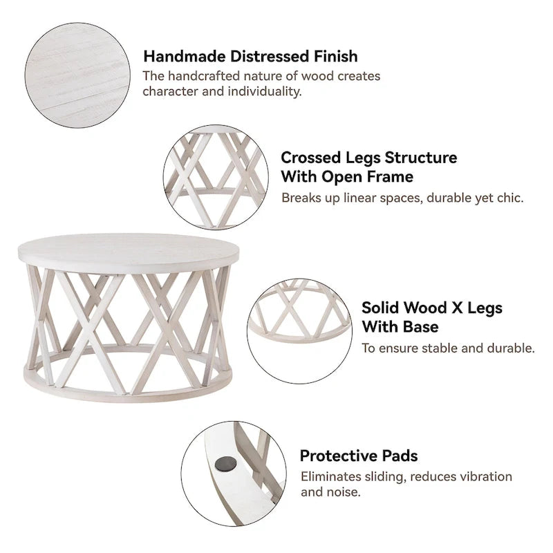 Farmhouse End Table, Rustic Round Coffee Table with X-Motifs Legs, Wood Textured Top for Boho, French Country Decor